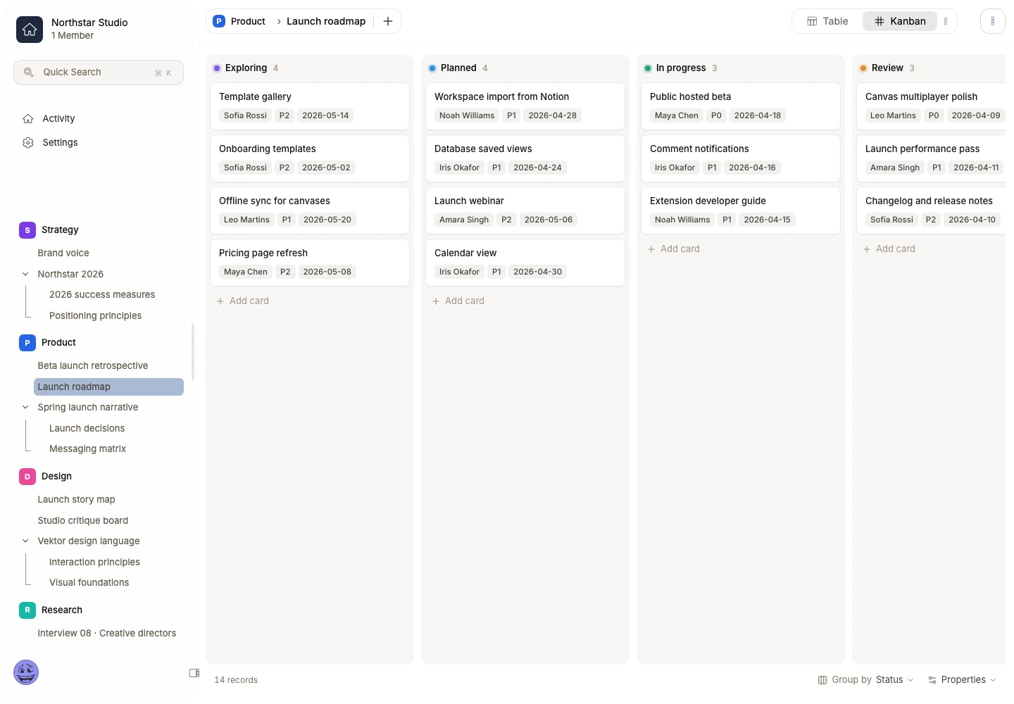 Vektor database showing a populated product launch roadmap with owners, status, priority, and due dates
