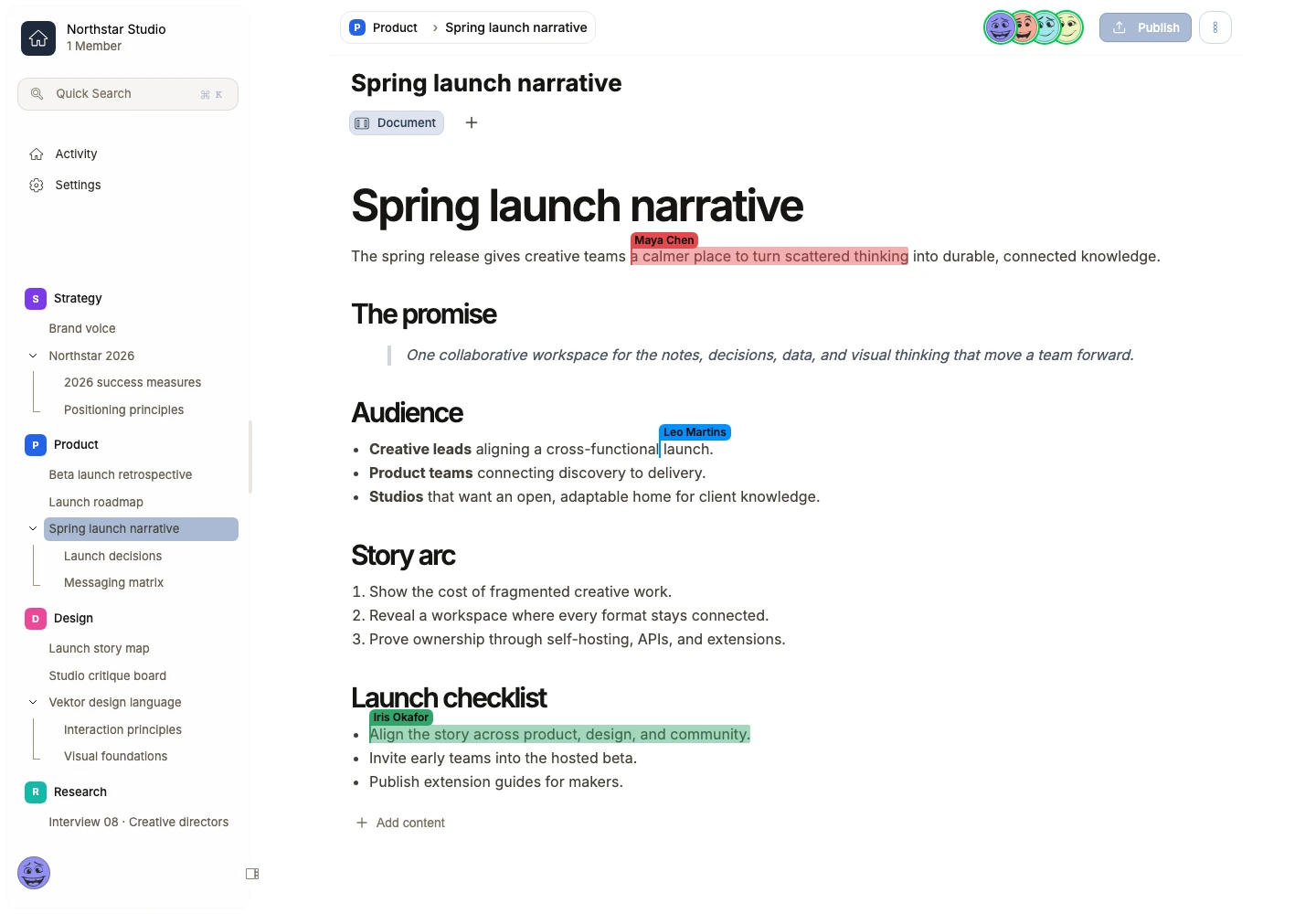 Vektor document editor showing a launch story in the Northstar Studio workspace