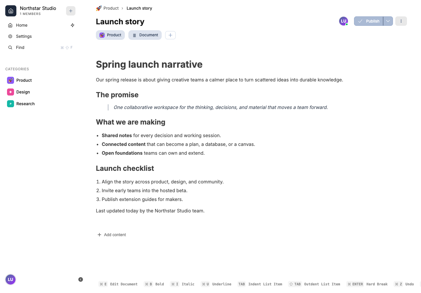 Vektor document editor showing a launch story in the Northstar Studio workspace