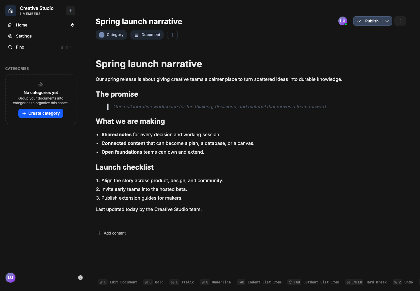 Vektor document editor showing a spring launch narrative in a Creative Studio workspace