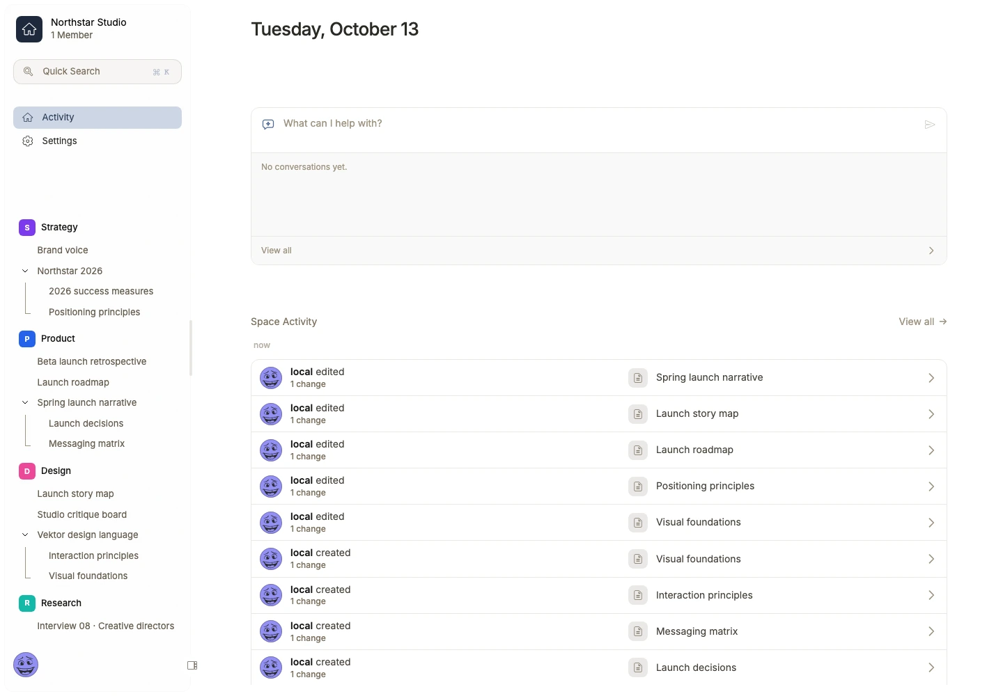Northstar Studio workspace showing its document tree and a space activity feed