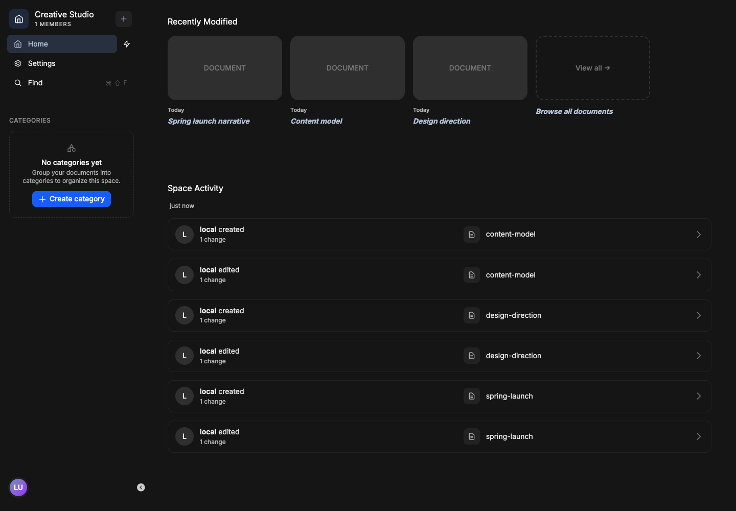 Vektor Creative Studio workspace showing recently modified documents and a space activity feed